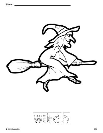 Free printable witch Halloween coloring page and word tracing worksheet, letter formation guides, perfect for preschool, pre-k, and kindergarten, PDF