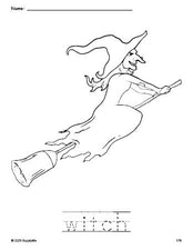 Free printable witch Halloween coloring page and word tracing worksheet, perfect for preschool, pre-k, and kindergarten, PDF