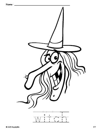 Free printable witch Halloween coloring page and word tracing worksheet, perfect for preschool, pre-k, and kindergarten, PDF