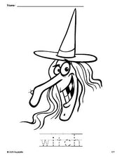 Free printable witch Halloween coloring page and word tracing worksheet, perfect for preschool, pre-k, and kindergarten, PDF