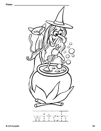 Free printable witch Halloween coloring page and word tracing worksheet, perfect for preschool, pre-k, and kindergarten, PDF