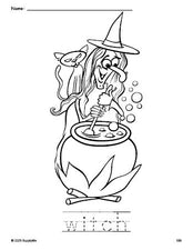 Free printable witch Halloween coloring page and word tracing worksheet, perfect for preschool, pre-k, and kindergarten, PDF