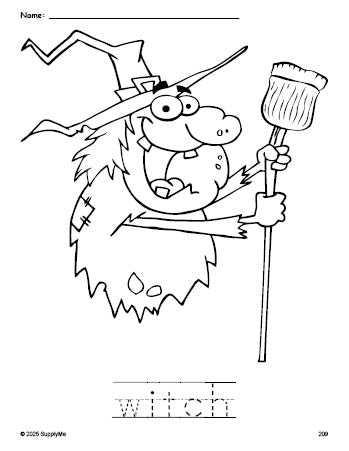 Free printable witch Halloween coloring page and word tracing worksheet, perfect for preschool, pre-k, and kindergarten, PDF