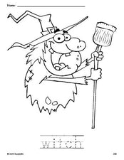 Free printable witch Halloween coloring page and word tracing worksheet, perfect for preschool, pre-k, and kindergarten, PDF