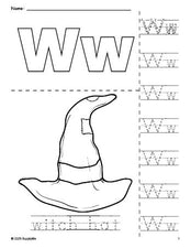 Free printable witch hat Halloween coloring page and letter tracing worksheet, letter w worksheet for preschool, pre-k, and kindergarten, PDF