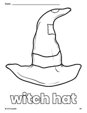 Free printable witch hat Halloween coloring page for preschool, pre-k, and kindergarten, PDF