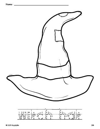 Free printable witch hat Halloween coloring page and word tracing worksheet, letter formation guides, perfect for preschool, pre-k, and kindergarten, PDF