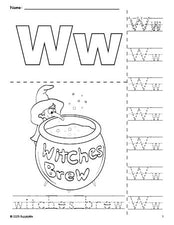 Free printable witches brew Halloween coloring page and letter tracing worksheet, letter w worksheet for preschool, pre-k, and kindergarten, PDF