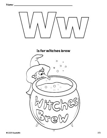 Free printable witches brew Halloween coloring page, letter w coloring page for preschool, pre-k, and kindergarten, PDF