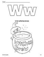 Free printable witches brew Halloween coloring page, letter w coloring page for preschool, pre-k, and kindergarten, PDF