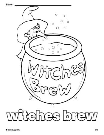 Free printable witches brew Halloween coloring page for preschool, pre-k, and kindergarten, PDF