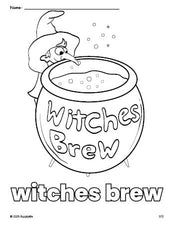 Free printable witches brew Halloween coloring page for preschool, pre-k, and kindergarten, PDF