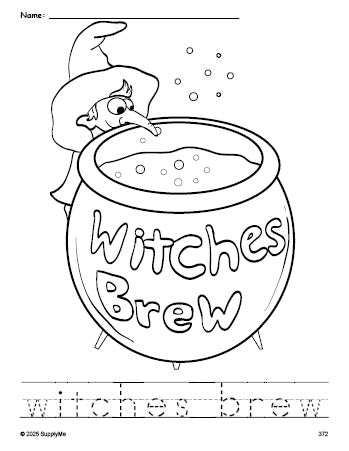 Free printable witches brew Halloween coloring page and word tracing worksheet, perfect for preschool, pre-k, and kindergarten, PDF