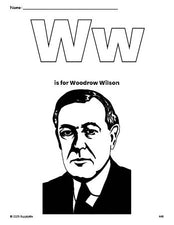 Free printable Woodrow Wilson Presidents' Day coloring page, letter w coloring page for preschool, pre-k, and kindergarten, PDF