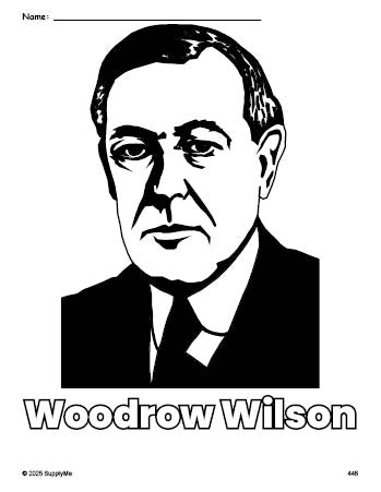 Free printable Woodrow Wilson Presidents' Day coloring page for preschool, pre-k, and kindergarten, PDF