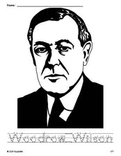 Free printable Woodrow Wilson Presidents' Day coloring page and word tracing worksheet, letter formation guides, perfect for preschool, pre-k, and kindergarten, PDF