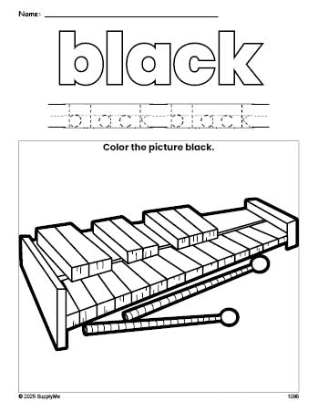 Free xylophone color black coloring page and color worksheet, black worksheet for preschoolers to learn colors, printable PDF