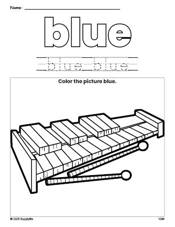 Free xylophone color blue coloring page and color worksheet, blue worksheet for preschoolers to learn colors, printable PDF