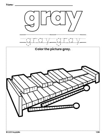 Free xylophone color gray coloring page and color worksheet, gray worksheet for preschoolers to learn colors, printable PDF