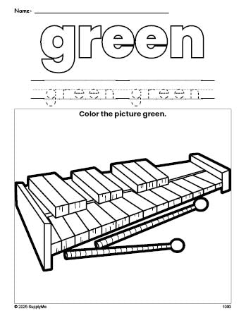 Free xylophone color green coloring page and color worksheet, green worksheet for preschoolers to learn colors, printable PDF