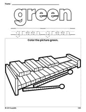 Free xylophone color green coloring page and color worksheet, green worksheet for preschoolers to learn colors, printable PDF