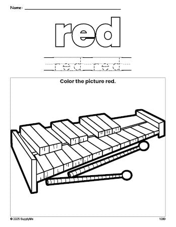 Free xylophone color red coloring page and color worksheet, red worksheet for preschoolers to learn colors, printable PDF