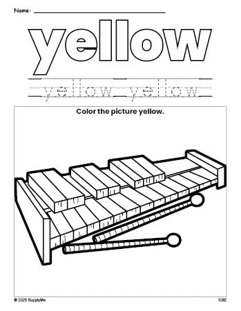 Free xylophone color yellow coloring page and color worksheet, yellow worksheet for preschoolers to learn colors, printable PDF