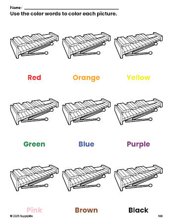 Free xylophone coloring page and color worksheet for preschoolers to learn colors, printable PDF