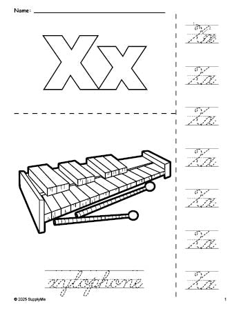 Free printable xylophone coloring page and cursive letter tracing worksheet, letter x worksheet for preschool, pre-k, and kindergarten, PDF