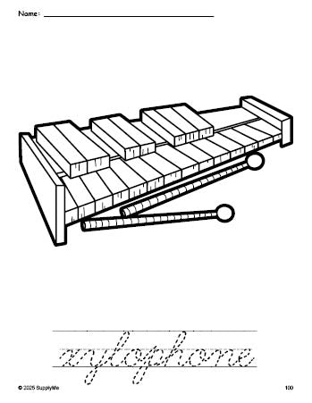 Free printable xylophone coloring page and cursive word tracing worksheet, perfect for preschool, pre-k, and kindergarten, PDF