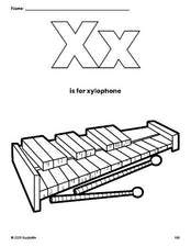 Free printable xylophone coloring page, letter x coloring page for preschool, pre-k, and kindergarten, PDF