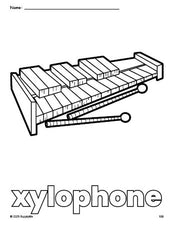 Free printable xylophone coloring page for preschool, pre-k, and kindergarten, PDF