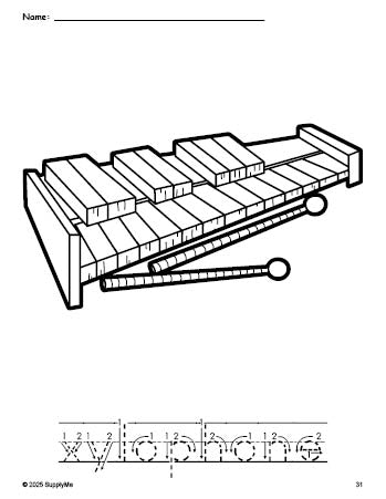 Free printable xylophone coloring page and word tracing worksheet, letter formation guides, perfect for preschool, pre-k, and kindergarten, PDF