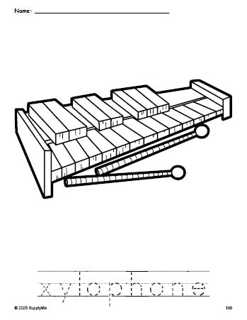 Free printable xylophone coloring page and word tracing worksheet, perfect for preschool, pre-k, and kindergarten, PDF