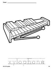 Free printable xylophone coloring page and word tracing worksheet, perfect for preschool, pre-k, and kindergarten, PDF