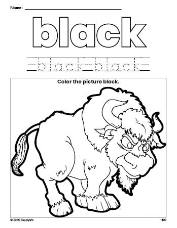 Free yak color black coloring page and color worksheet, black worksheet for preschoolers to learn colors, printable PDF