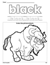 Free yak color black coloring page and color worksheet, black worksheet for preschoolers to learn colors, printable PDF