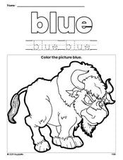 Free yak color blue coloring page and color worksheet, blue worksheet for preschoolers to learn colors, printable PDF