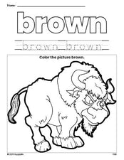 Free yak color brown coloring page and color worksheet, brown worksheet for preschoolers to learn colors, printable PDF