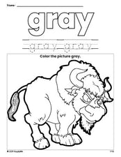 Free yak color gray coloring page and color worksheet, gray worksheet for preschoolers to learn colors, printable PDF