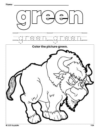 Free yak color green coloring page and color worksheet, green worksheet for preschoolers to learn colors, printable PDF