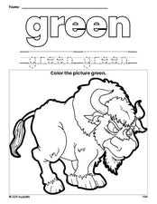 Free yak color green coloring page and color worksheet, green worksheet for preschoolers to learn colors, printable PDF