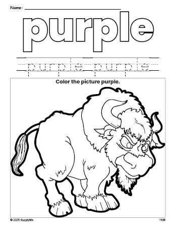 Free yak color purple coloring page and color worksheet, purple worksheet for preschoolers to learn colors, printable PDF