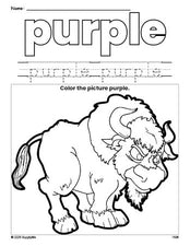 Free yak color purple coloring page and color worksheet, purple worksheet for preschoolers to learn colors, printable PDF