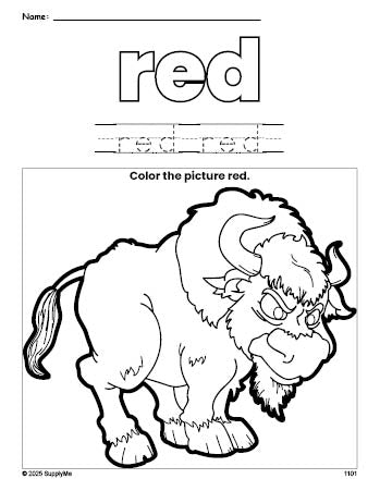 Free yak color red coloring page and color worksheet, red worksheet for preschoolers to learn colors, printable PDF