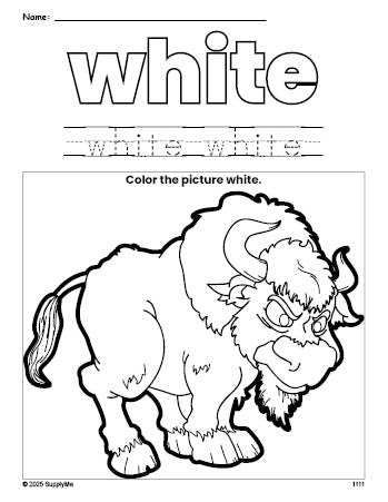 Free yak color white coloring page and color worksheet, white worksheet for preschoolers to learn colors, printable PDF