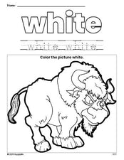 Free yak color white coloring page and color worksheet, white worksheet for preschoolers to learn colors, printable PDF