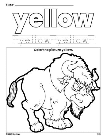 Free yak color yellow coloring page and color worksheet, yellow worksheet for preschoolers to learn colors, printable PDF