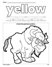 Free yak color yellow coloring page and color worksheet, yellow worksheet for preschoolers to learn colors, printable PDF