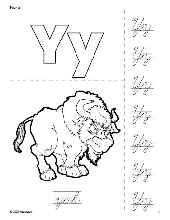 Free printable yak coloring page and cursive letter tracing worksheet, letter y worksheet for preschool, pre-k, and kindergarten, PDF